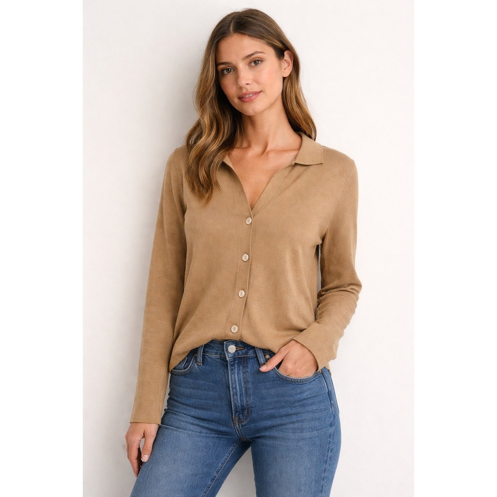 Clorinda Tan Knit Button Front Polo Cardigan Sweater Made in Italy Womens Large